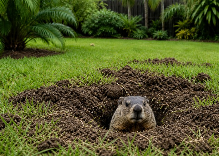 Groundhog near a burrowed hole in a yard