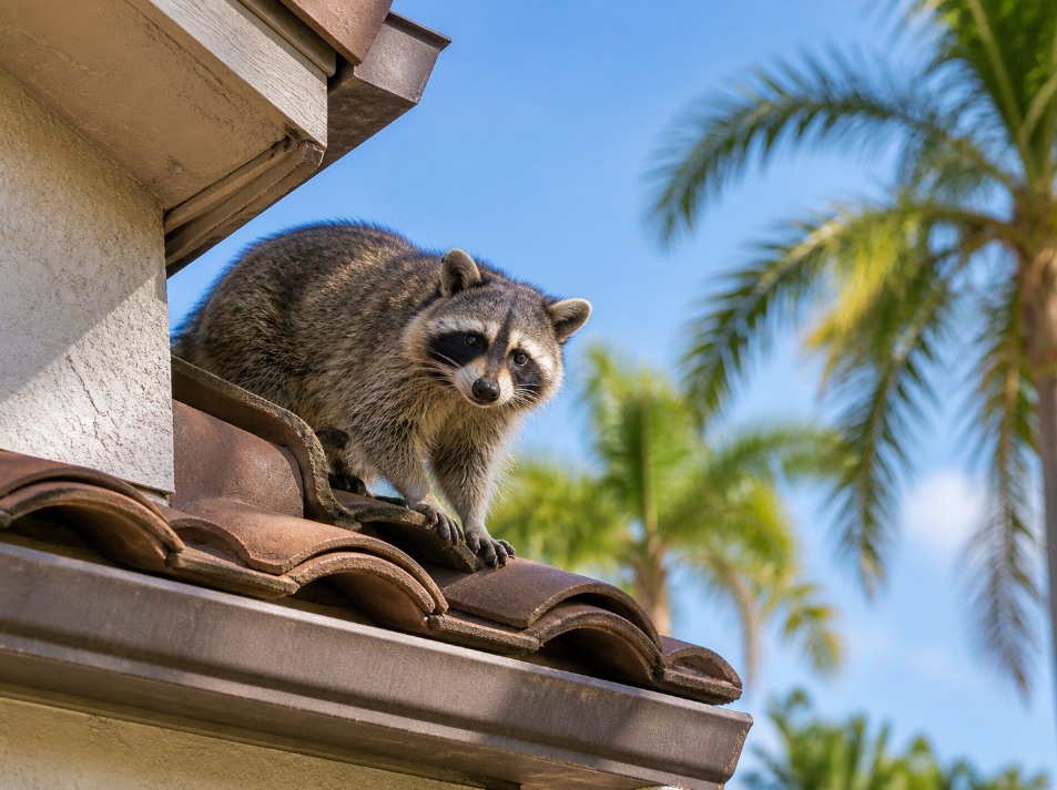 Raccoon on a rooftop looking for an attic entry point