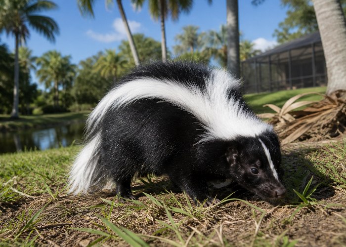 Skunk in a suburban yard near a deck